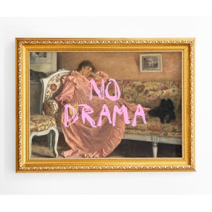 No Drama, Altered Vintage Portrait Print, Reading Lady Dog Poster (Digital Download)