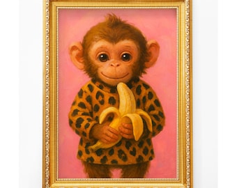 Suéter de leopardo con estampado de mono, pintura al óleo de plátano, decoración infantil (descarga digital)