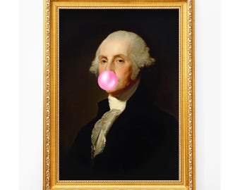 Funny George Washington Bubble Gum Portrait, Altered Vintage Art