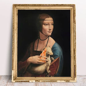Arte de pared de pizza, Impresión de arte alterada divertida, Dama con armiño sosteniendo pizza, Descarga digital imprimible, Arte renacentista, Póster de comida de cocina
