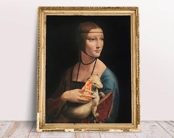 Arte della parete della pizza, stampa d'arte divertente alterata, Dama con l'ermellino che tiene la pizza, Download digitale stampabile, Arte rinascimentale, Poster di cibo da cucina