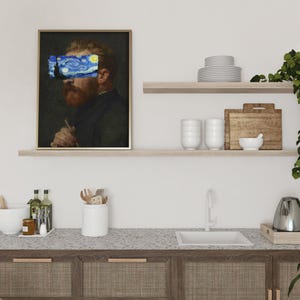 Van Gogh portrait with Starry Night covering eyes, funny altered art print, vintage painting with modern surreal twist