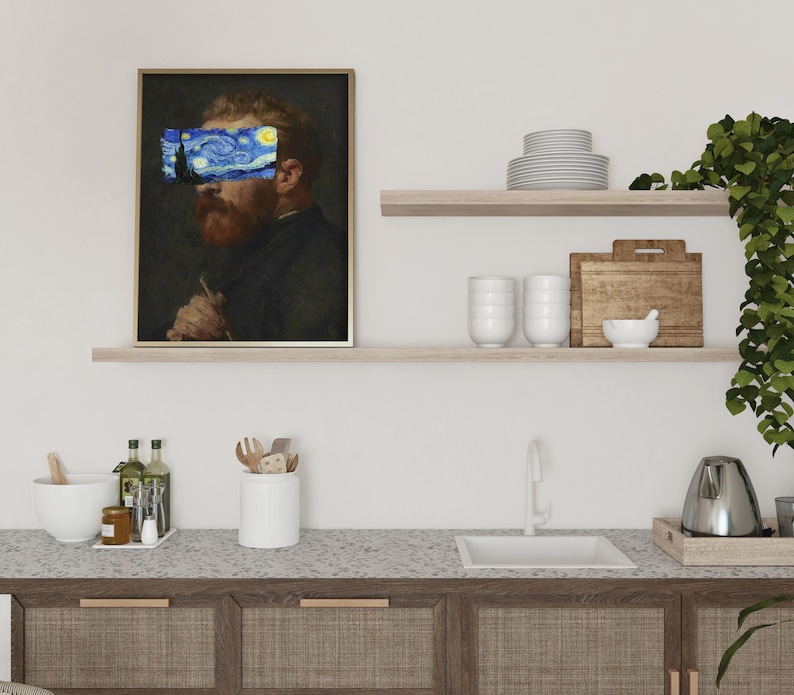 Van Gogh portrait with Starry Night covering eyes, funny altered art print, vintage painting with modern surreal twist