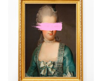 Altered Art Marie Antoinette Portrait, Pink Brushstroke Rococo print (Digital Download Printable)