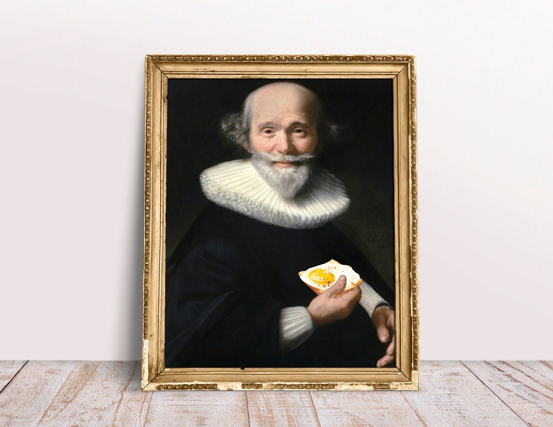 Funny Altered Art Print, Vintage Portrait Man Holding Toast With Egg ...