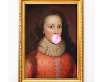 Poster mit verändertem Porträt von Gräfin Arundel, die rosa Kaugummi bläst, Rokoko-Wandkunst zum Ausdrucken (Digitaler Download)