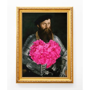 Funny Man with Pink Flowers Portrait, Quirky Altered Art Love print (Downloadable), Valentine gift image 1