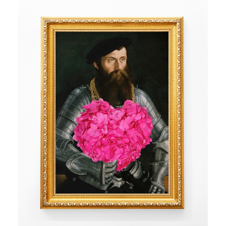 Funny Man with Pink Flowers Portrait, Quirky Altered Art Love print (Downloadable), Valentine gift image 1