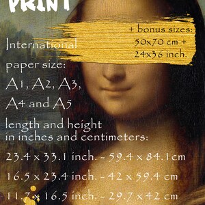 以下が含まれることがあります： 女性の顔を描いた絵画のデジタルプリント。テキストには「Digital Print」、「International paper size: A1, A2, A3, A4 and A5」、「length and height in inches and centimeters:」、「23.4 x 33.1 inch. - 59.4 x 84.1cm」、「16.5 x 23.4 inch. - 42 x 59.4 cm」、「11.7 x 16.5 inch. - 29.7 x 42 cm」、「8.3 x 11.7 inch. - 21 x 29.7 cm」、「5.8 x 8.3 inch. - 14.8 x 21 cm」、「 + bonus sizes: 50x70 cm + 24x36 inch.」と記載されています。