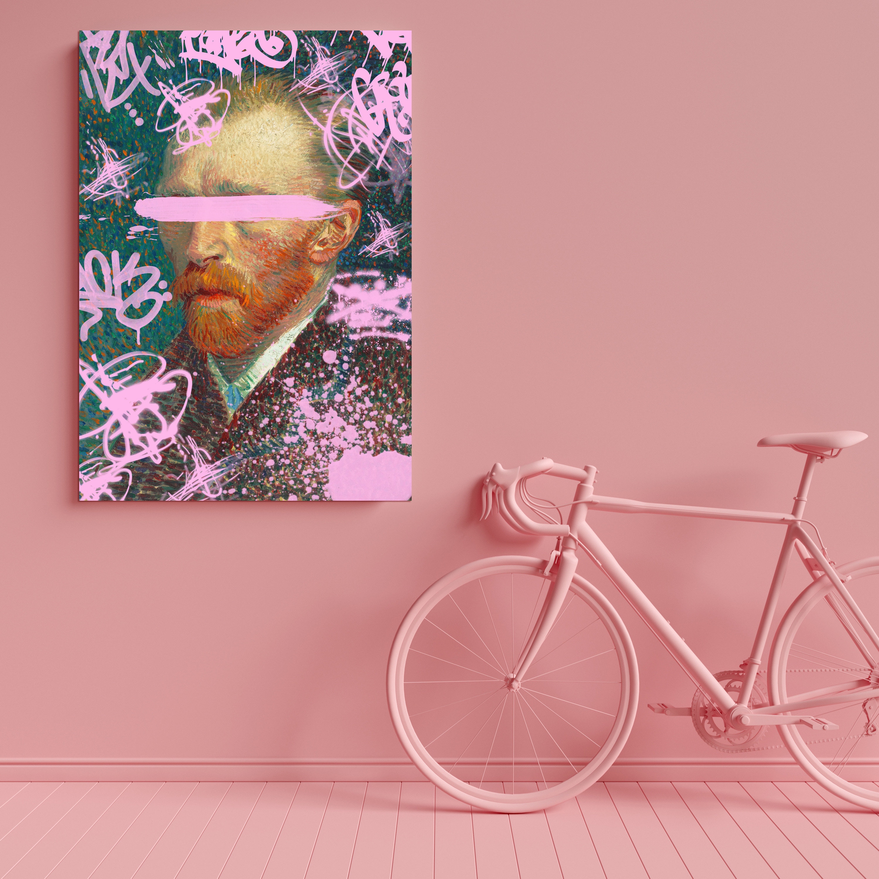 パステルピンクのグラフィティプリントが施された面白い改変アート