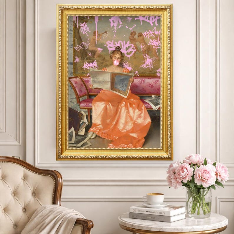 Reading Lady blowing Pink Bubble Gum with Pink Graffiti, Funny vintage Altered art print, Digital Download Printable, Rococo art, Street art image 3