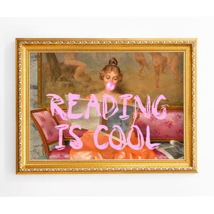 Affiche murale « Lire, c'est cool », citation rose, illustration vintage revisitée d'une lectrice, cadeau pour les amoureux des livres, décoration de bibliothèque (téléchargement numérique)