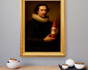 Funny Baroque Gentleman with Ketchup Poster, Altered Art Print (Digital Download)