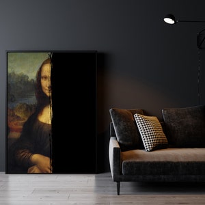 May include: A framed print of the Mona Lisa, partially obscured by a black vertical stripe. The artwork is set in a modern living room with a dark grey sofa and a black wall-mounted lamp. The room has a dark colour scheme.