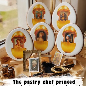 May include: Five gingerbread cookies decorated with edible images of famous paintings. The cookies are shaped like eggs and are displayed on small wooden stands. The text "art_vechnaya" is visible on the bottom right of the image.