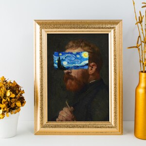 Van Gogh portrait with Starry Night covering eyes, funny altered art print, vintage painting with modern surreal twist