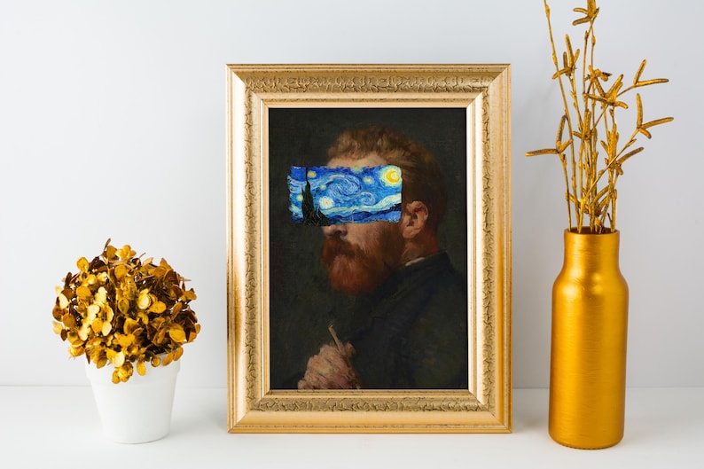 Van Gogh portrait with Starry Night covering eyes, funny altered art print, vintage painting with modern surreal twist