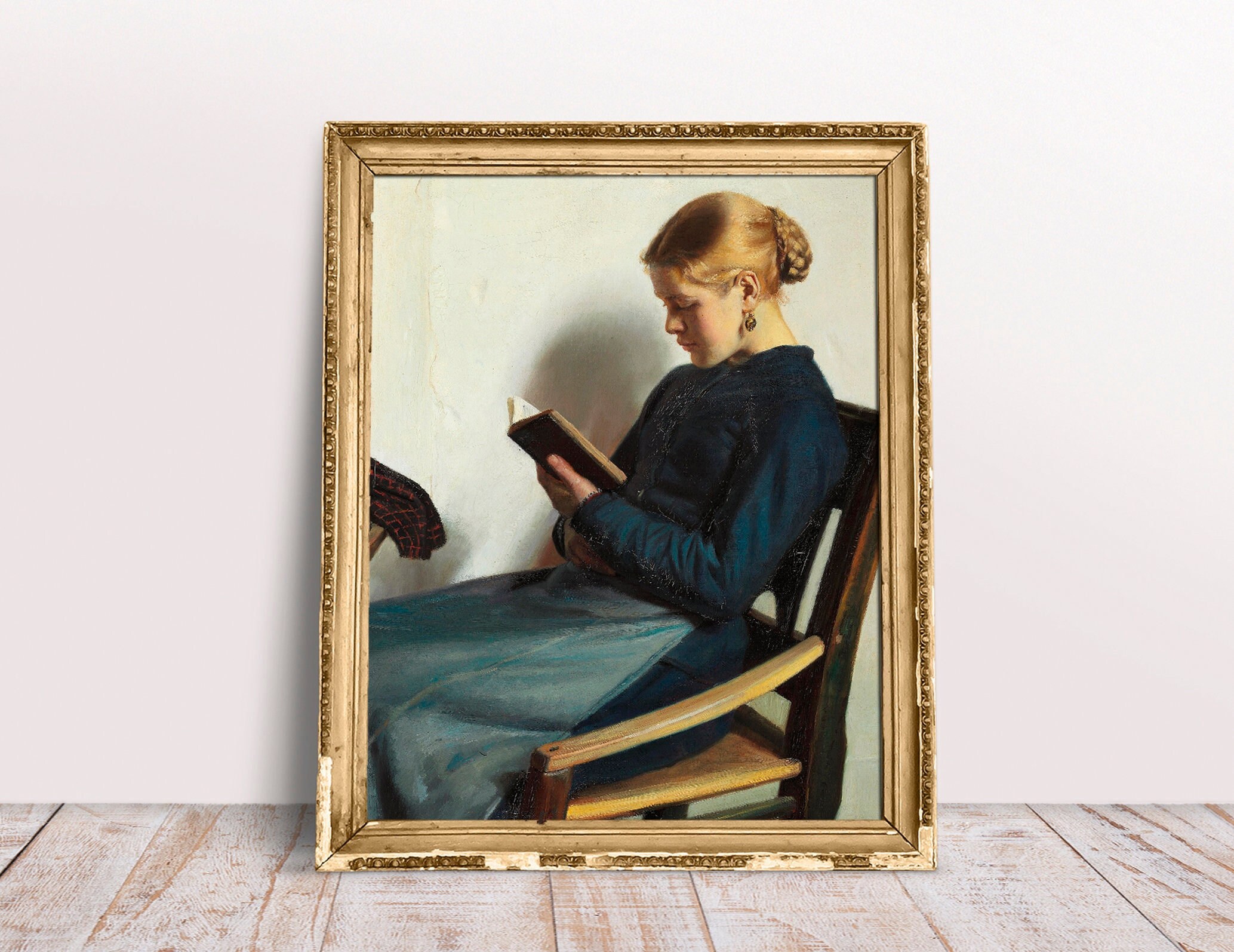 Reading Young Girl Digital Download Printable, Fine art, Vintage book print, Library wall decor, Antique Portrait Woman Reading