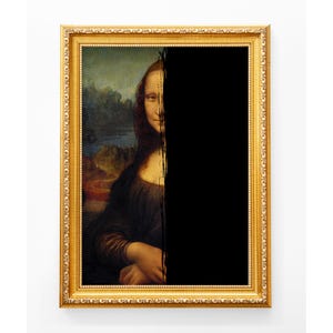 May include: A framed print of the Mona Lisa, partially obscured by a vertical black stroke. The artwork is in a gold ornate frame. The painting shows the subject's face and upper body, with a landscape background.