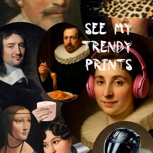 May include: A collage of classical portraits with modern elements. A person wears a black beanie and a diamond earring. Other elements include pink headphones, a black motorcycle helmet, and the text "SEE MY TRENDY PRINTS."