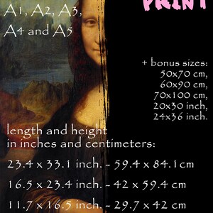 May include: Digital print of the Mona Lisa, with size options in inches and centimetres. Includes A1, A2, A3, A4, and A5 paper sizes, plus bonus sizes like 20x30 inches and 24x36 inches.