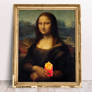 Altered Art print Mona Lisa with French Fries, Digital Download Printable, Renaissance portrait, Funny Kitchen art, Cool Fast Food poster