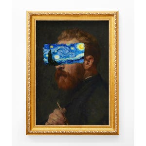 Van Gogh portrait with Starry Night covering eyes, funny altered art print, vintage painting with modern surreal twist