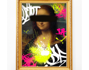 May include: A framed print of the Mona Lisa with graffiti art overlay. The artwork features a black bar obscuring the eyes, with neon pink, yellow, and white paint splatters and graffiti tags. The frame is gold.