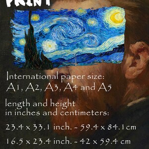 May include: Digital print of a starry night sky painting with a bonus size of 50x70 cm. The print is available in international paper sizes A1, A2, A3, A4, and A5. The dimensions are listed in inches and centimeters.