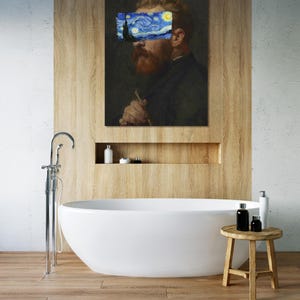 Van Gogh portrait with Starry Night covering eyes, funny altered art print, vintage painting with modern surreal twist