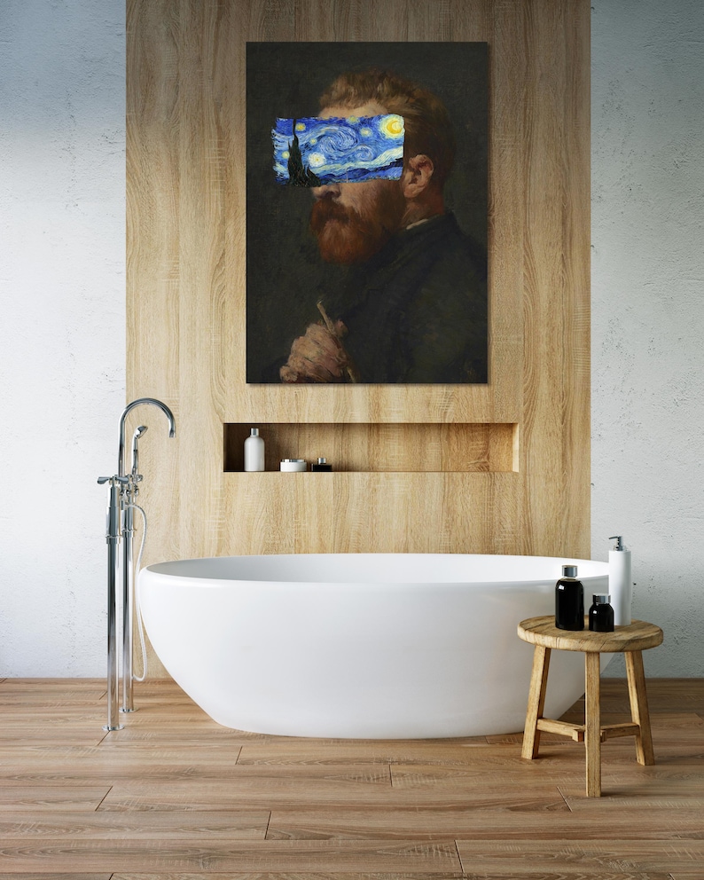 Van Gogh portrait with Starry Night covering eyes, funny altered art print, vintage painting with modern surreal twist