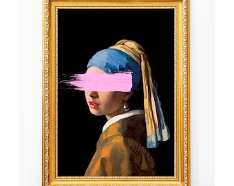 Girl with Pearl Earring Print, Pink Brushstroke Altered Art (Digital Download)