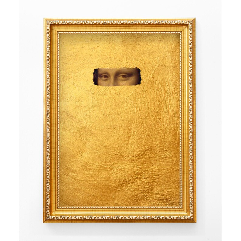 Mona Lisa Gold Defaced Altered Art, Digital Download print, Funny Modern Renaissance painting, Classic art print, Destroyed poster image 1