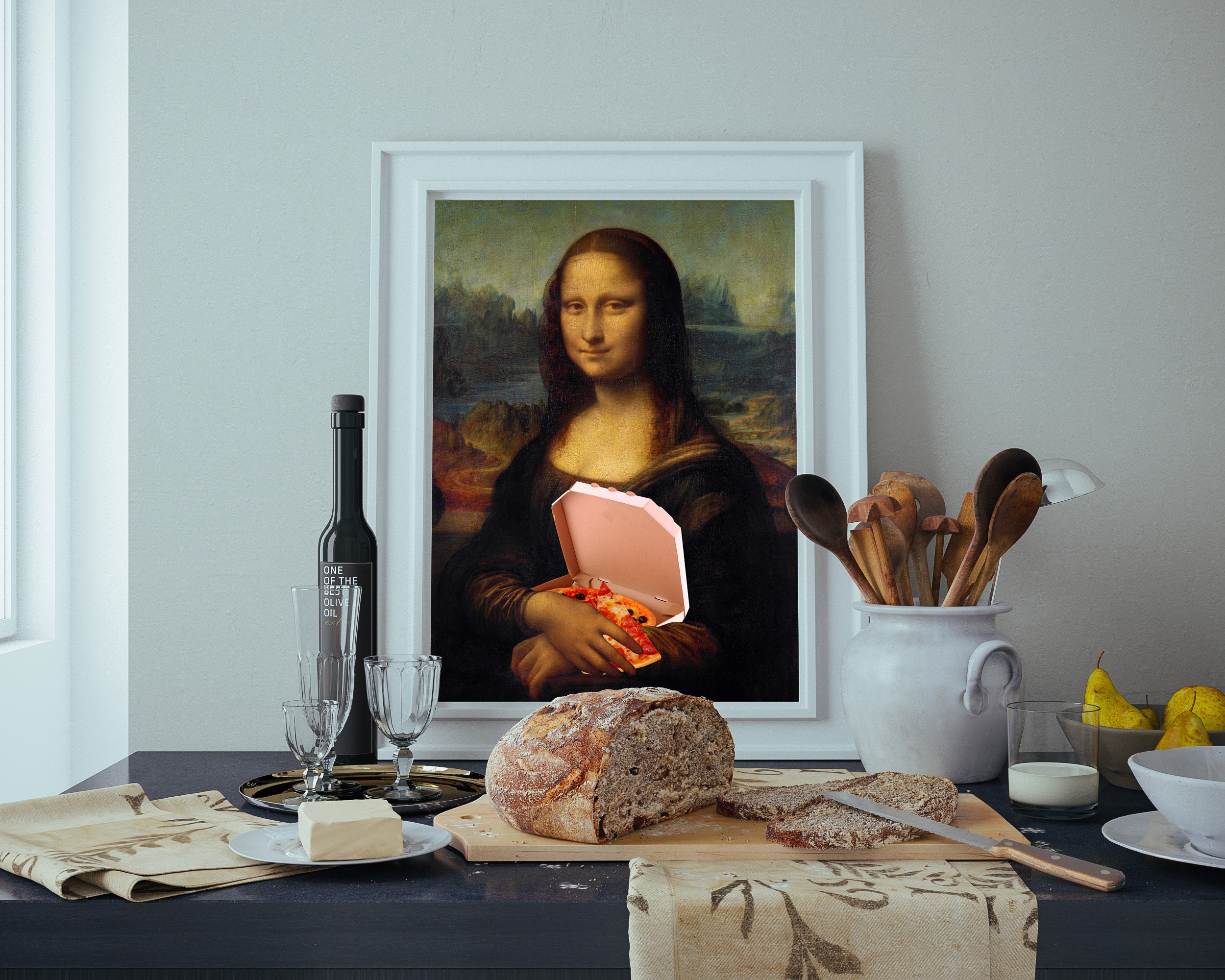 Mona Lisa Pizza Altered Art Posters, Funny Renaissance Portrait