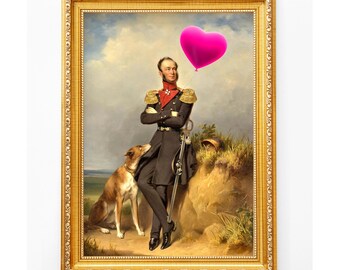 Funny William II Portrait Art Print, Pink Heart Balloon, Valentine Wall Decor (Digital Download)