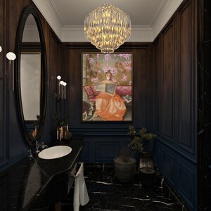 May include: A black and white bathroom with a large oval mirror, a white porcelain sink, and a framed painting of a woman in a pink dress. The walls are dark wood paneling and the floor is black marble.