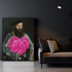 May include: A painting of a man in armor holding a large pink heart-shaped bouquet of flowers.