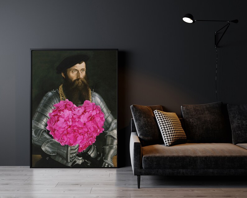 May include: A painting of a man in armor holding a large pink heart-shaped bouquet of flowers.