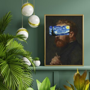 Van Gogh portrait with Starry Night covering eyes, funny altered art print, vintage painting with modern surreal twist