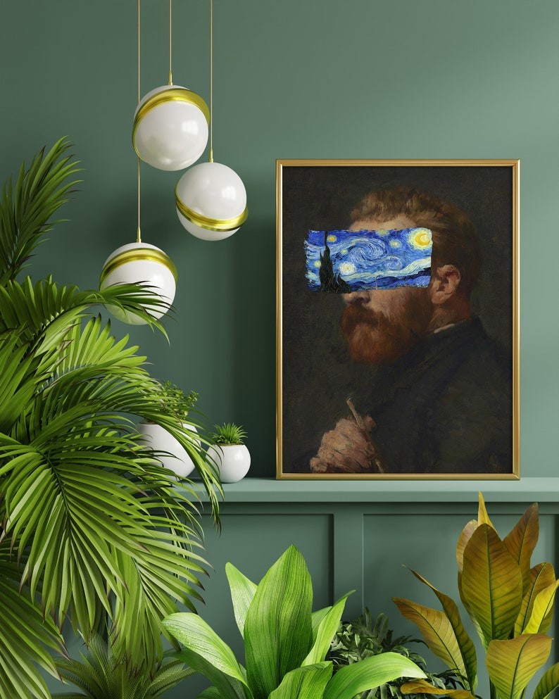 Van Gogh portrait with Starry Night covering eyes, funny altered art print, vintage painting with modern surreal twist