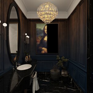 May include: A stylish bathroom with dark wood paneling and a black marble countertop. The room features a large oval mirror, a crystal chandelier, and a framed painting of the Mona Lisa. A small potted plant adds a touch of greenery.