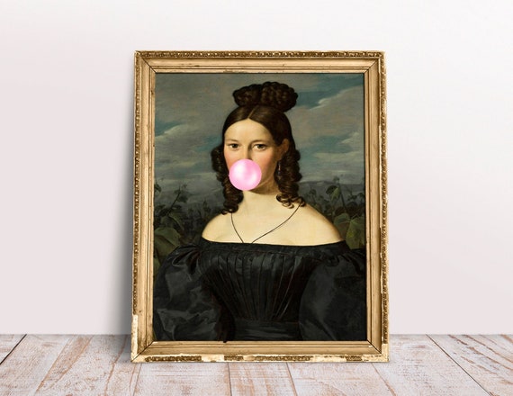絵画 bubble gum Lady in Black Blowing Pink Bubble Gum Print, Funny Altered Art