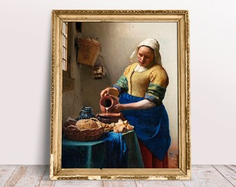 ヨハネス・フェルメールの「牛乳を注ぐ女」のプリント、ヴィンテージバロック絵画、キッチンフードデコレーション、デジタルダウンロード印刷可能、農家風印刷可能なウォールアート