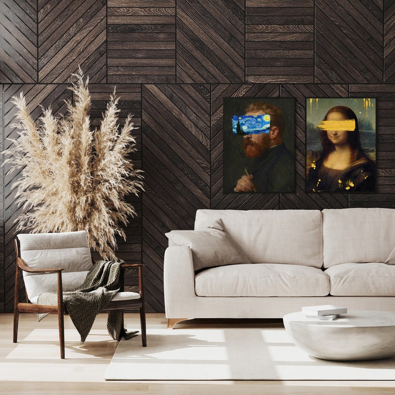 Van Gogh portrait with Starry Night covering eyes, funny altered art print, vintage painting with modern surreal twist