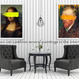 May include: Two framed paintings with yellow abstract brushstrokes over the eyes of the subjects. The paintings are hanging on a white wall in a living room setting with two black armchairs and a black coffee table.