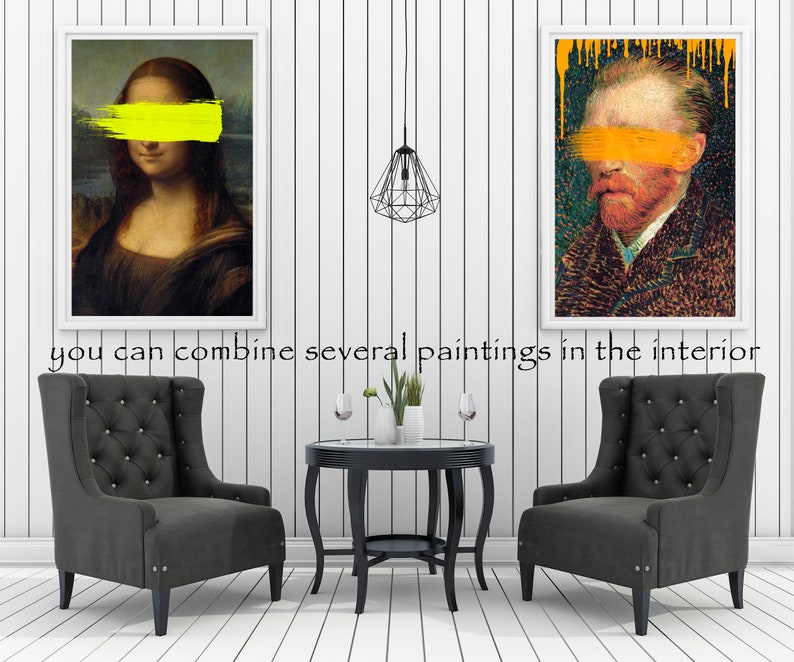 May include: Two framed paintings with yellow abstract brushstrokes over the eyes of the subjects. The paintings are hanging on a white wall in a living room setting with two black armchairs and a black coffee table.