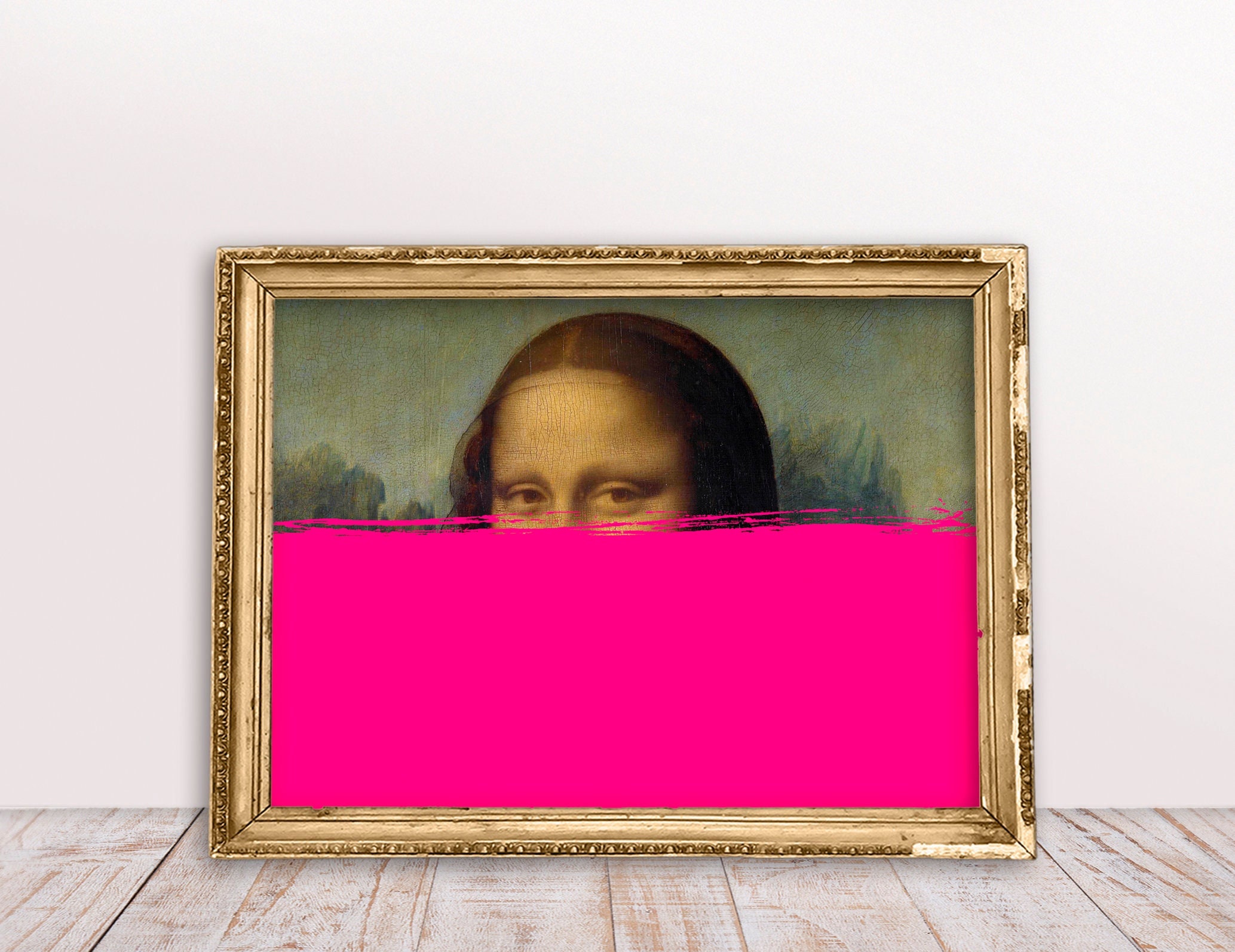 Digital prints, Mona Lisa Horizontal Hot Pink Destroyed Portrait, Classic Alter Art poster, Funny print, Renaissance poster, Pink wall art