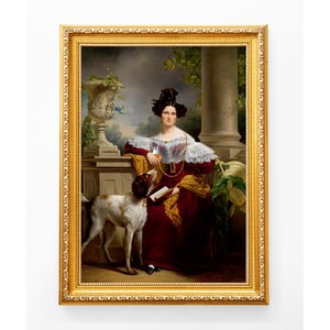 May include: A framed portrait of a woman in a burgundy dress with a white lace collar, holding a book and a glass. A dog with brown and white spots stands beside her. The painting is in a gold ornate frame.