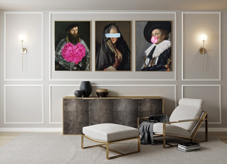 May include: Three framed portraits of people in historical clothing. The person in the left portrait is holding a pink flower bouquet. The person in the middle portrait has a blue stripe over their eyes. The person in the right portrait has a pink bubble in their mouth.