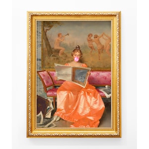 Reading Lady with Pink Bubble Gum, Funny vintage Altered art portrait, Pink print, Digital Download Printable, Rococo oil painting